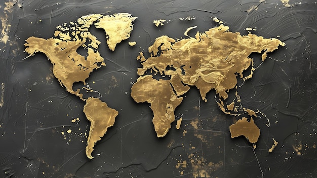 Los continentes del mundo se muestran en oro sobre un fondo oscuro