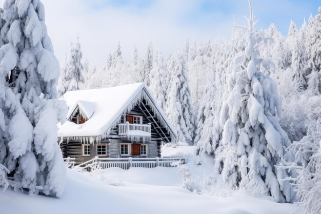 Conto de fadas de inverno, uma aconchegante casa de madeira