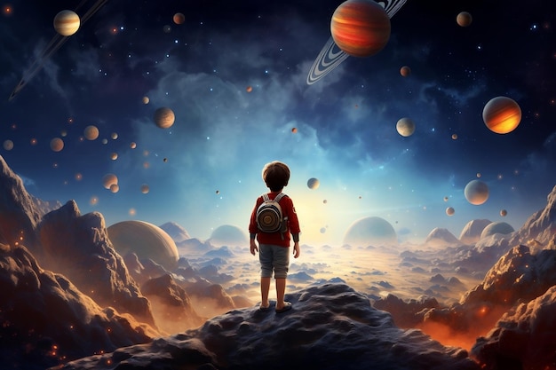 Conto de fantasia infantil de aventura cósmica sobre planetas e IA geradora de espaço