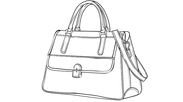 Contorno en blanco y negro de un bolso de mujer El bolso tiene dos mangos y una correa de hombro larga