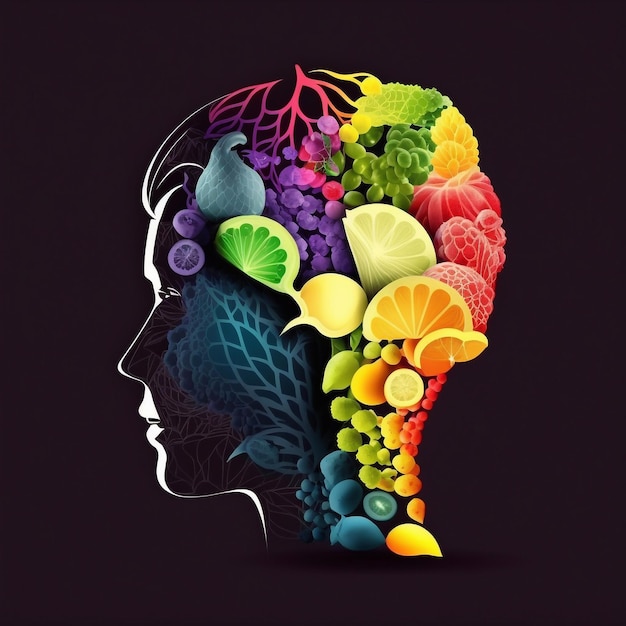 Foto contorno de una cabeza humana en perfil el cerebro se compone de frutas ia generativa