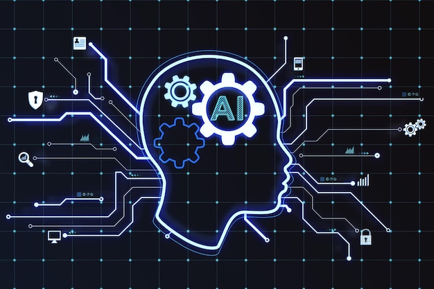 Contorno de la cabeza que brilla intensamente en el fondo de cuadrícula oscuro borroso AI y gráfico Concepto GPT Representación 3D