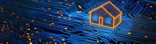 Un contorno de casa digital brillante sobre un patrón de placa de circuito azul que simboliza la tecnología de hogar inteligente