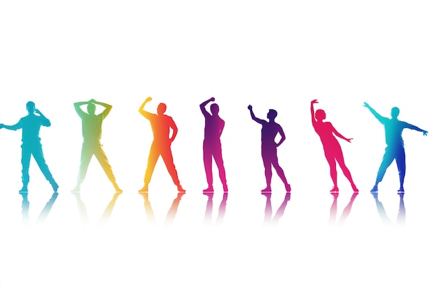 Contorno colorido divertido alegria pessoa design de discoteca silhuetas de dança de movimento felicidade pessoas pulando grupo de sombra