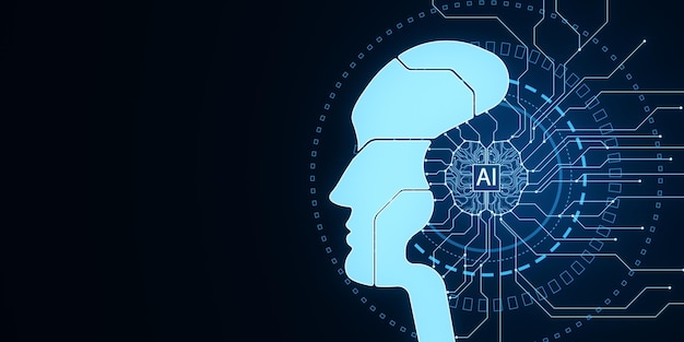 Contorno criativo de cabeça de IA em fundo escuro com local simulado Inteligência artificial e conceito de aprendizagem de máquina Renderização 3D