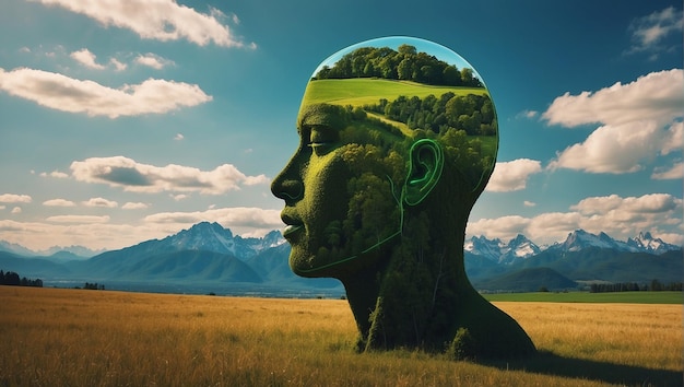 Contorno de uma cabeça humana contendo um fundo de paisagem serena