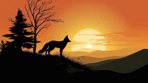 Contorno de uma raposa em uma colina ao amanhecer