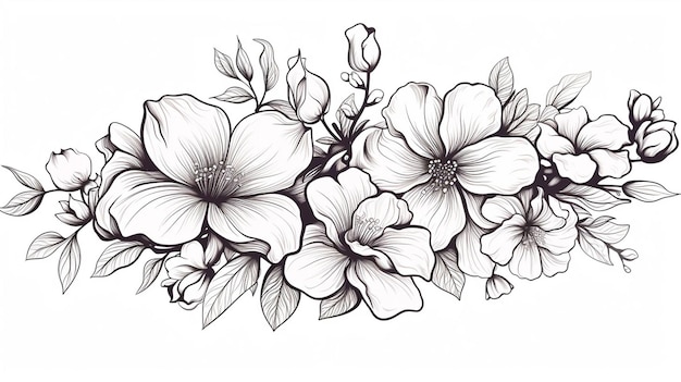 Contorno de flores contorno negro floral aislado en papel tapiz blanco