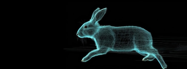 Contorno gráfico abstrato de néon de coelho em salto animal selvagem fundo escuro isolar banner de cabeçalho