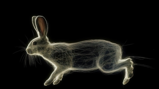 Contorno gráfico abstrato de néon de coelho em salto animal selvagem fundo escuro isolar banner de cabeçalho
