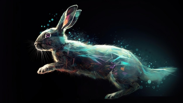 Contorno gráfico abstrato de néon de um coelho em um salto animal selvagem fundo escuro isolado modelo de banner de cabeçalho com espaço de cópia gerado por IA