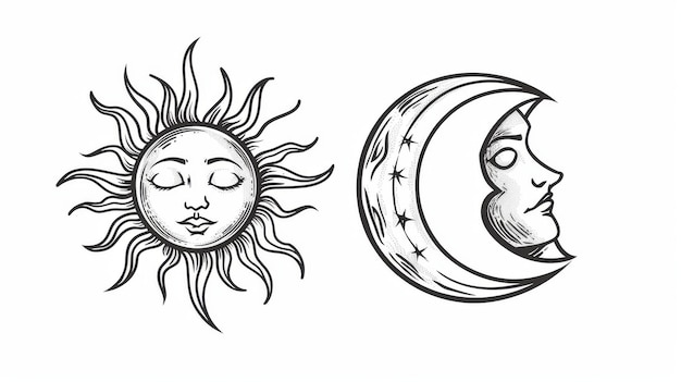 Contorno de la luna tatuaje sol logotipo y línea de arte clipart