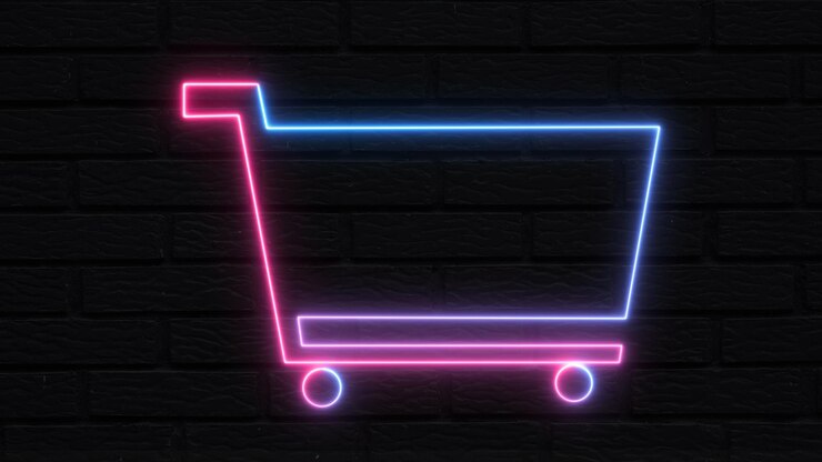 Foto contorno de neon carrito icono de fondo del carrito de compras de neón brillante con la pasión de las compras de señales