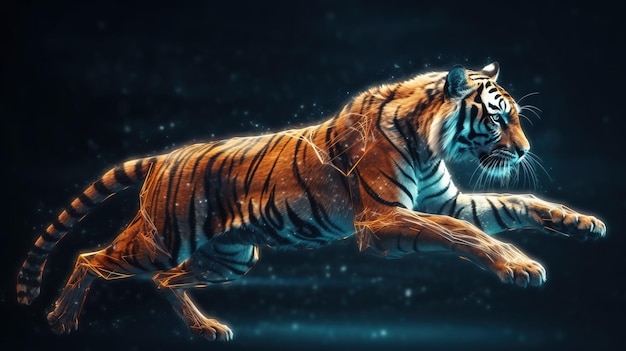 Contornos gráficos abstractos de neón de un tigre en salto animal salvaje Fondo oscuro aislar Banner de encabezado