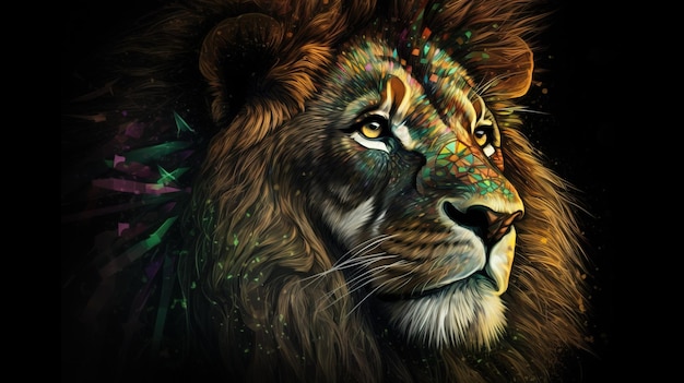 Contornos gráficos abstratos de néon de um leão saltando um animal selvagem Fundo escuro isolado Maquete de banner de cabeçalho com espaço de cópia gerado por IA