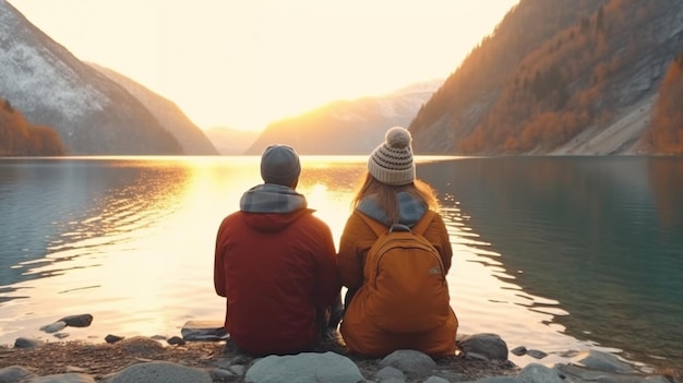 Contos das montanhas Generative AI retrata um casal alegre aproveitando o tempo à beira do lago