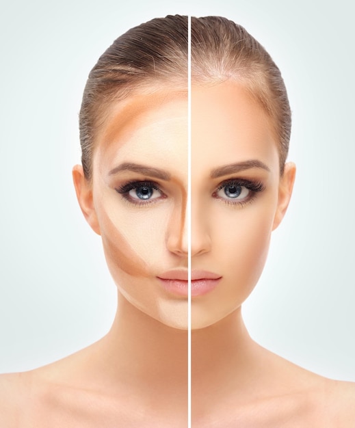 Contouring Make-up für das Gesicht einer Frau. Konturieren und Highlight-Make-up