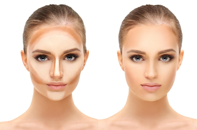 Contouring Make-up für das Gesicht einer Frau. Konturieren und Highlight-Make-up