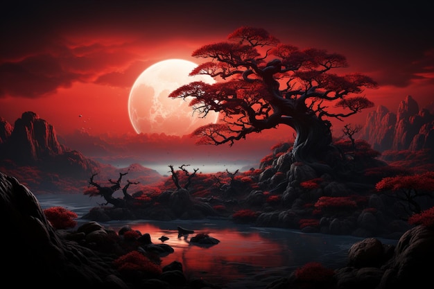 Contra a lua rubi, uma silhueta de árvore envelhecida adorna o cenário