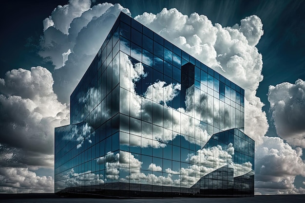 Contra un cielo azul claro, un edificio de vidrio con un diseño moderno y minimalista crea una imagen impactante y visualmente impactante que evoca una sensación de elegancia y sofisticación AI
