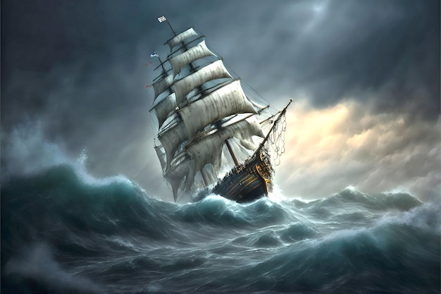 Contra un cielo turbulento, antiguos veleros se representan en una obra de arte digital