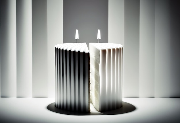 Contra una doble pantalla en blanco y negro se enciende un pastel blanco con velas a rayas