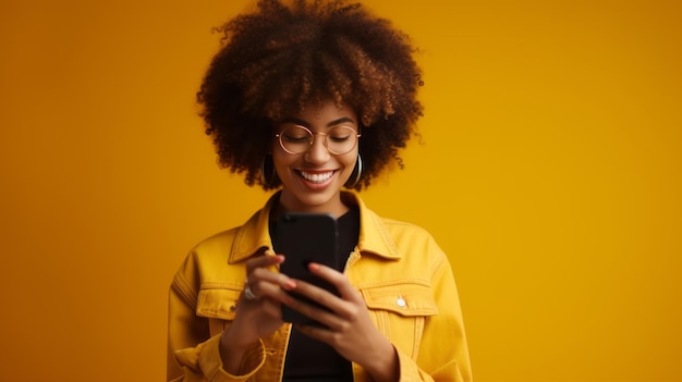 Contra el fondo amarillo Chica hipster con corte de pelo afro es con smartphone Hermosa ilustración
