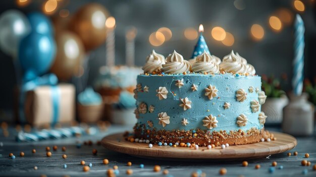 Contra el gris claro hay un pastel de cumpleaños azul presenta sombreros y globos de colores