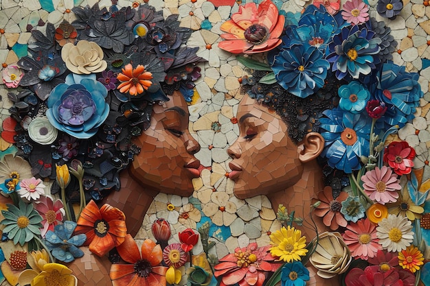 Contra un lienzo lleno de flores, dos mujeres de diferentes orígenes étnicos son retratadas con