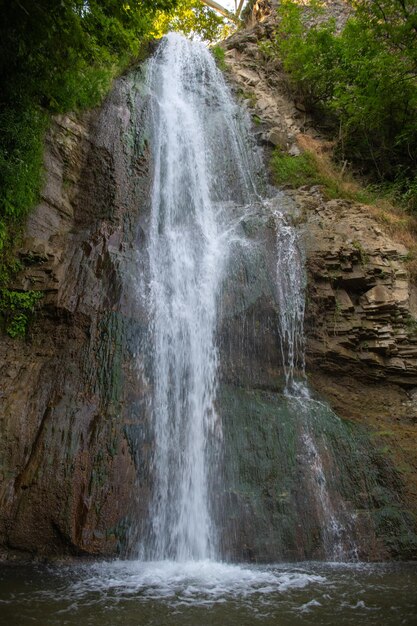Foto contra o fundo de árvores verdes a água da cachoeira flui