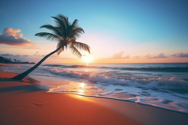 Contra o pano de fundo de um pôr-do-sol vibrante, as areias douradas da praia brilham na quente luz da noite, criando uma atmosfera serena e tranquila.