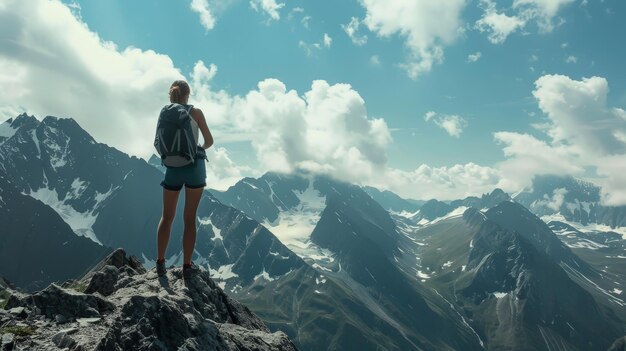 Contra o pano de fundo de vistas panorâmicas, a mulher que sobe ao topo da montanha ganha uma nova perspectiva da vida, seus desafios desaparecendo em insignificância contra a grandeza da natureza.