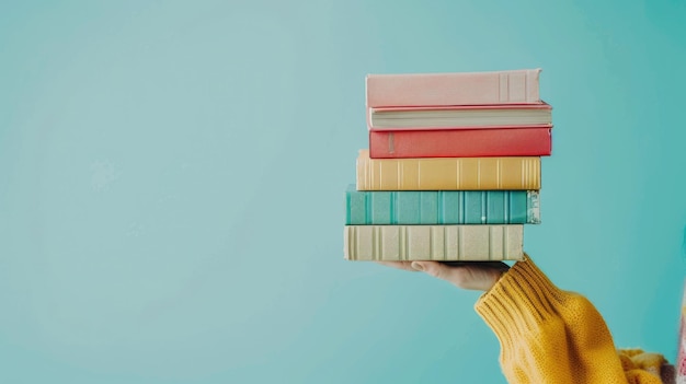 Contra un suave fondo azul claro las manos de una mujer sostienen tiernamente una pila de libros