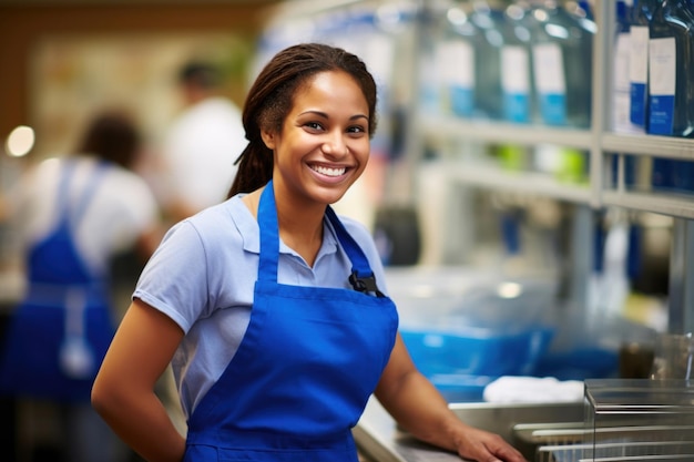 Contra um cenário industrial, uma mulher uniformizada sorri, incorporando dedicação e experiência em seu local de trabalho