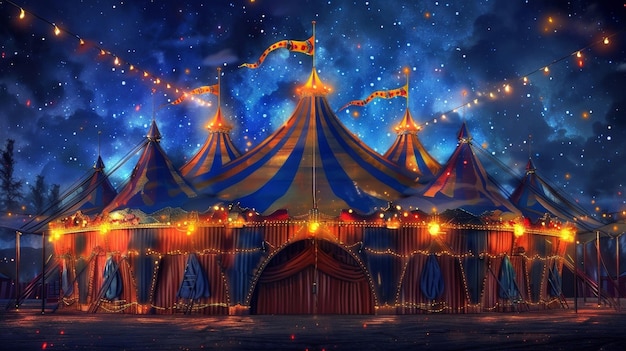 Foto contra um céu escuro e estrelado uma grande tenda de circo fica orgulhosamente suas luzes deslumbrantes e vibrante