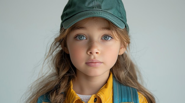 Contra um fundo branco uma menina bonita vestindo roupas casuais e um chapéu verde olha para a câmera do lado