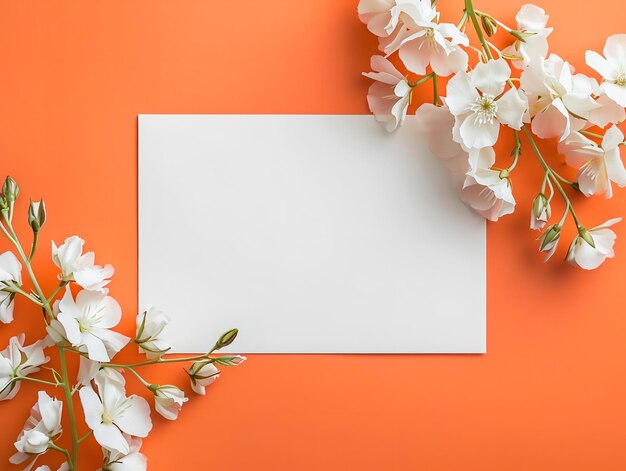 Contra um fundo laranja, uma folha de papel branca é adornada com um buquê de flores brancas