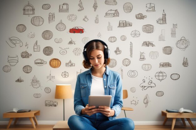 Contra um pano de fundo de ícones variados, uma jovem com fones de ouvido se senta representando educação on-line e gravação de tutoriais