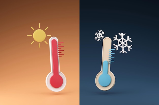 Contraste de temperatura frio e calor termômetro símbolo mínimo ilustração de renderização 3d