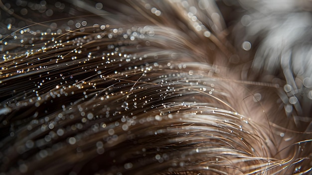 Contraste entre a saúde do couro cabeludo, flocos secos de caspa e fios de cabelo vibrantes