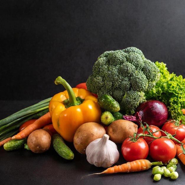 Contraste vegetal vivo: verduras frescas y jugosas que aparecen en negro