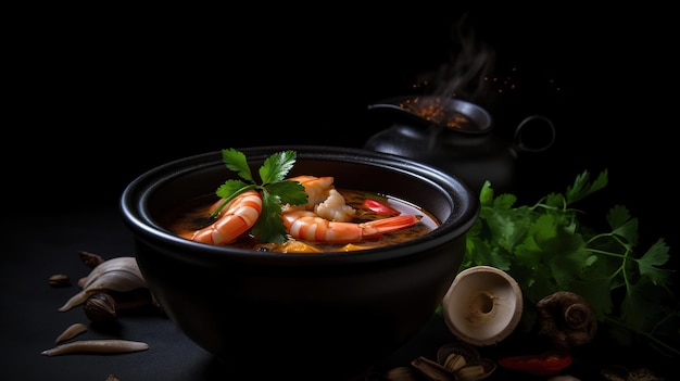 Contrastes sensacionais Tom Yum Goong no modo escuro, uma fusão cativante de sabores e recursos visuais