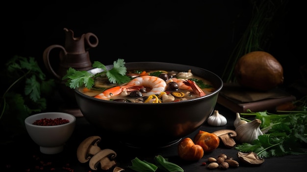 Contrastes sensacionais Tom Yum Goong no modo escuro, uma fusão cativante de sabores e recursos visuais