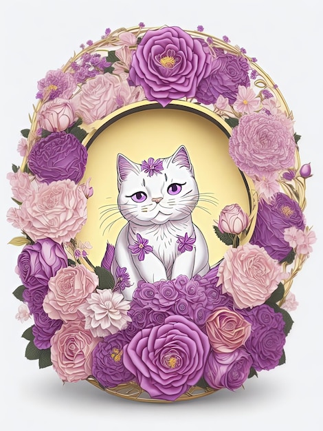 contrata cartel Un lindo gato mascota celebra su cumpleaños rodeado de flores decorativas