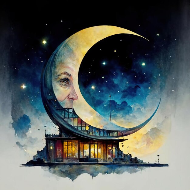 contrata cartel de Ramadán media luna forma de luna 8k color de agua estrellas cielo