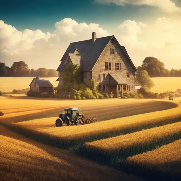 contrata Retrato de uma foto vintage de uma casa de campo no meio dos campos à luz do dia