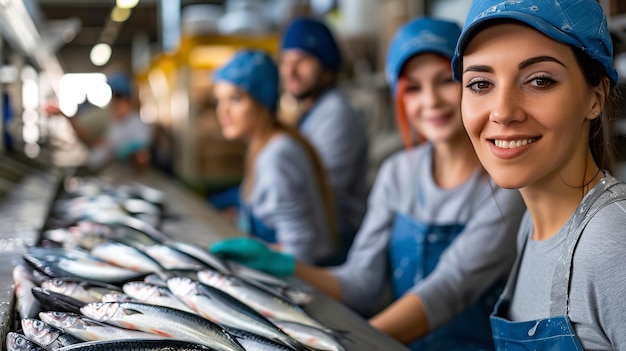 Foto contratantes em uma matriz resolvendo sardinhas limpas em uma instalação de avaliação de frutos do mar e espaço ia geradora