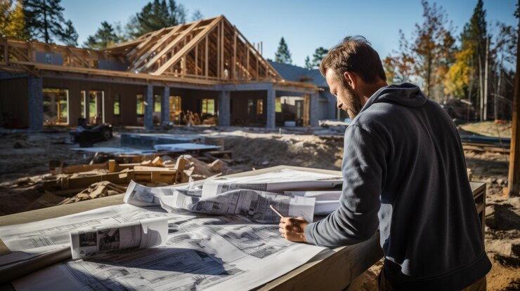 Un contratista revisa los planos de una casa en renovación