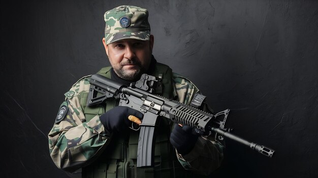 Foto el contratista del servicio de seguridad privado en uniforme de camuflaje posando con un rifle de asalto