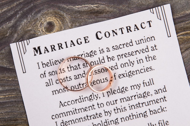 Contrato de casamento e alianças de casamento. Papel de close-up com texto e close-up de dois anéis.
